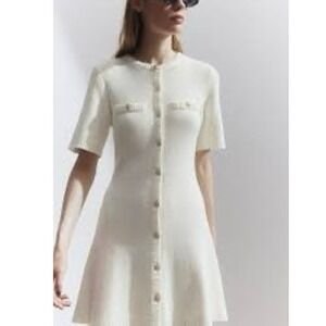 H&M Women's Rib Knit Fitted Button Mini Dress Ivory Cotton Viral Old Money Sz M